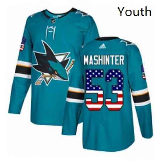 Youth Adidas San Jose Sharks 53 Brandon Mashinter Authentic Teal Green USA Flag Fashion NHL Jersey
